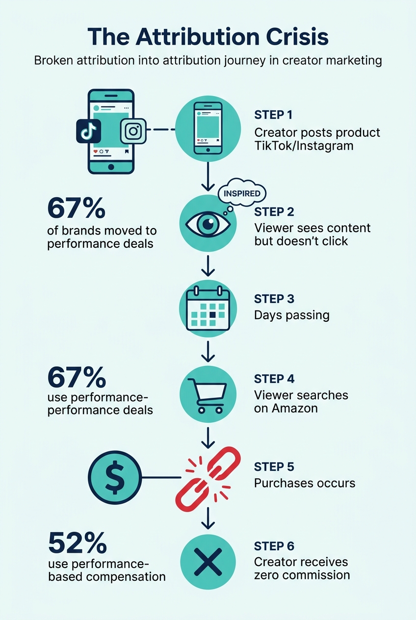 Visual flow diagram showing how creator commissions get lost when attribution breaks between post and purchase