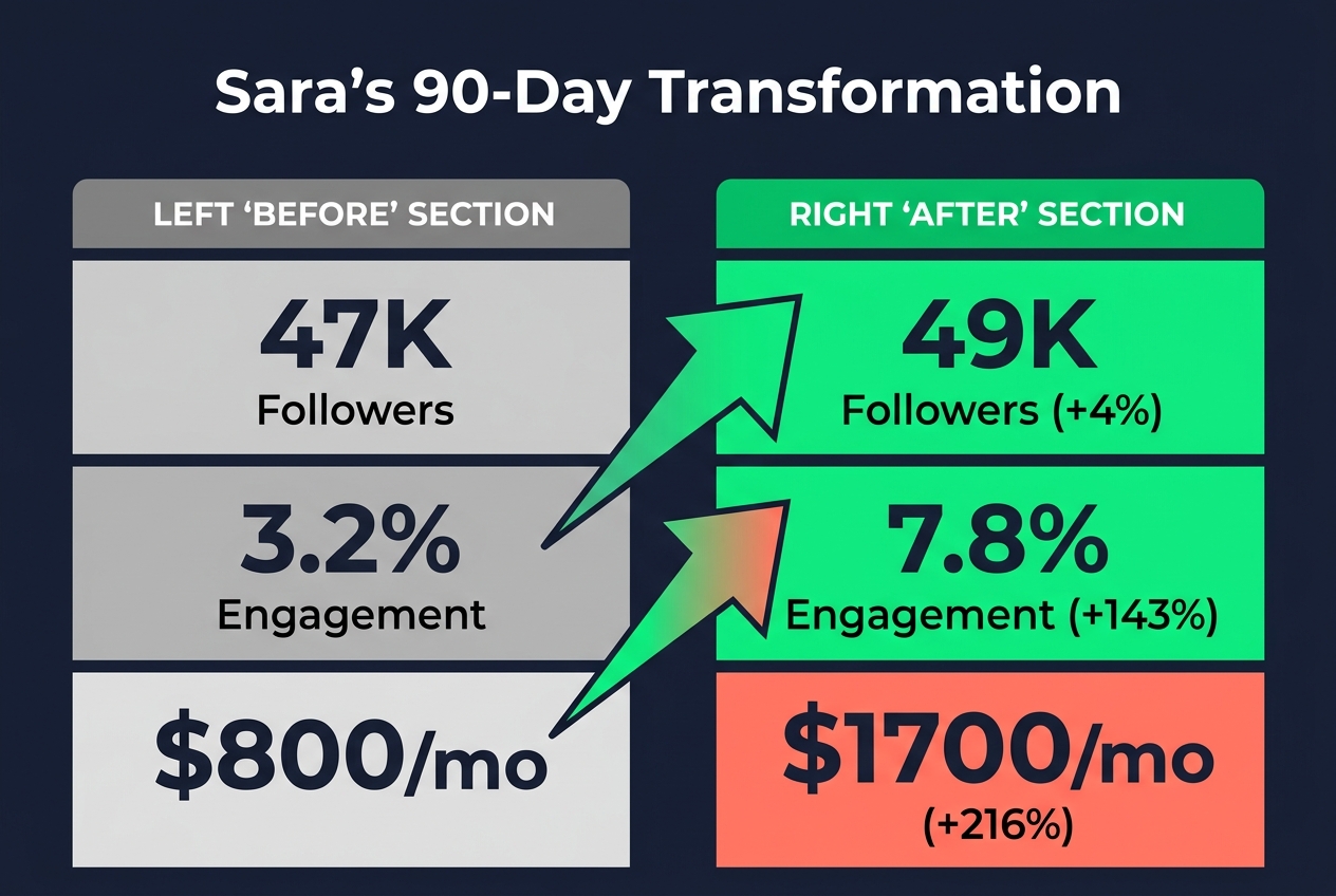 Saras 90-day transformation showing dramatic increases in engagement and revenue despite minimal follower growth