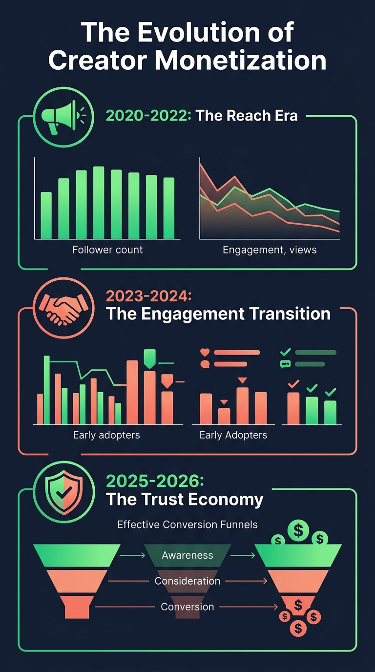 Timeline showing the evolution of creator monetization from the Reach Era to the Trust Economy