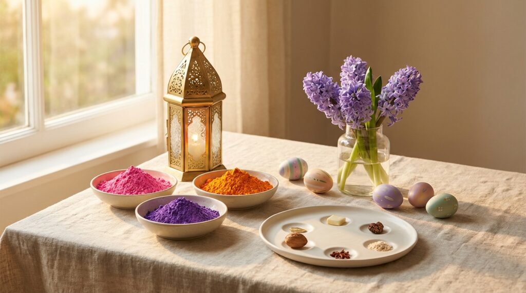 Hero Banner: Diverse cultural celebration items — Ramadan lantern, Holi powder, Seder plate, Nowruz hyacinths, Easter eggs — arranged warmly with natural light
