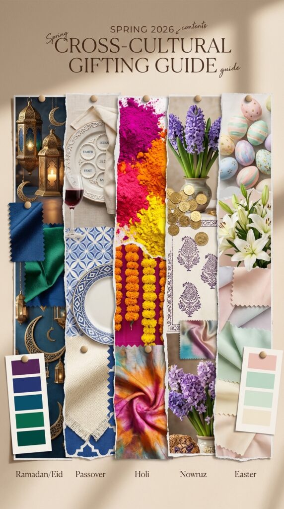 Graphic 1: Spring 2026 Cross-Cultural Gifting Guide — Multicolumn mood board featuring Ramadan/Eid (lanterns, jewel tones), Passover (Seder plate, blue textures), Holi (vibrant powders, marigolds), Nowruz (hyacinths, gold coins), and Easter (painted eggs, lilies) with color palettes and fabric swatches for each tradition