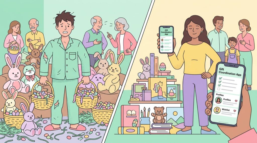 Split-screen Easter gifting scene showing chaotic uncoordinated gifts vs organized GiftHintz approach