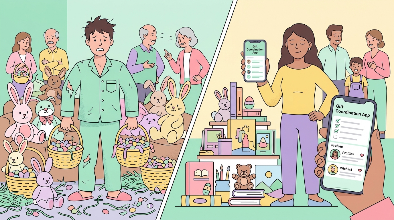Split-screen Easter gifting scene showing chaotic uncoordinated gifts vs organized GiftHintz approach