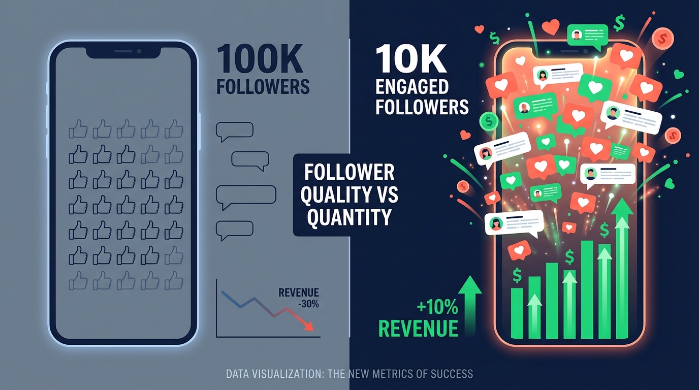 Side-by-side comparison showing 100K followers with low revenue vs 10K engaged followers with high revenue