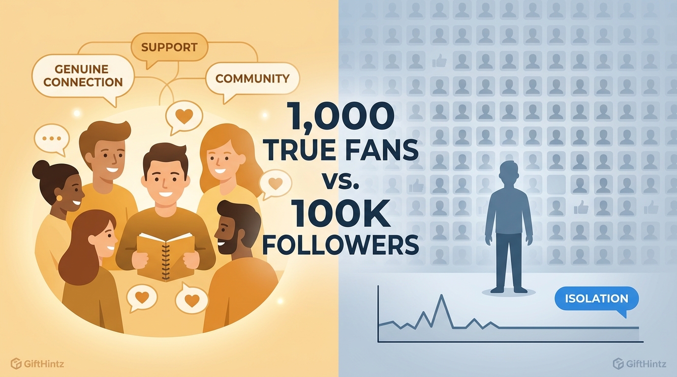 Split screen visual: Left side shows a creator surrounded by a small, engaged community. Right side shows a creator alone with massive followers. Center text: 1,000 TRUE FANS vs. 100K GHOST FOLLOWERS