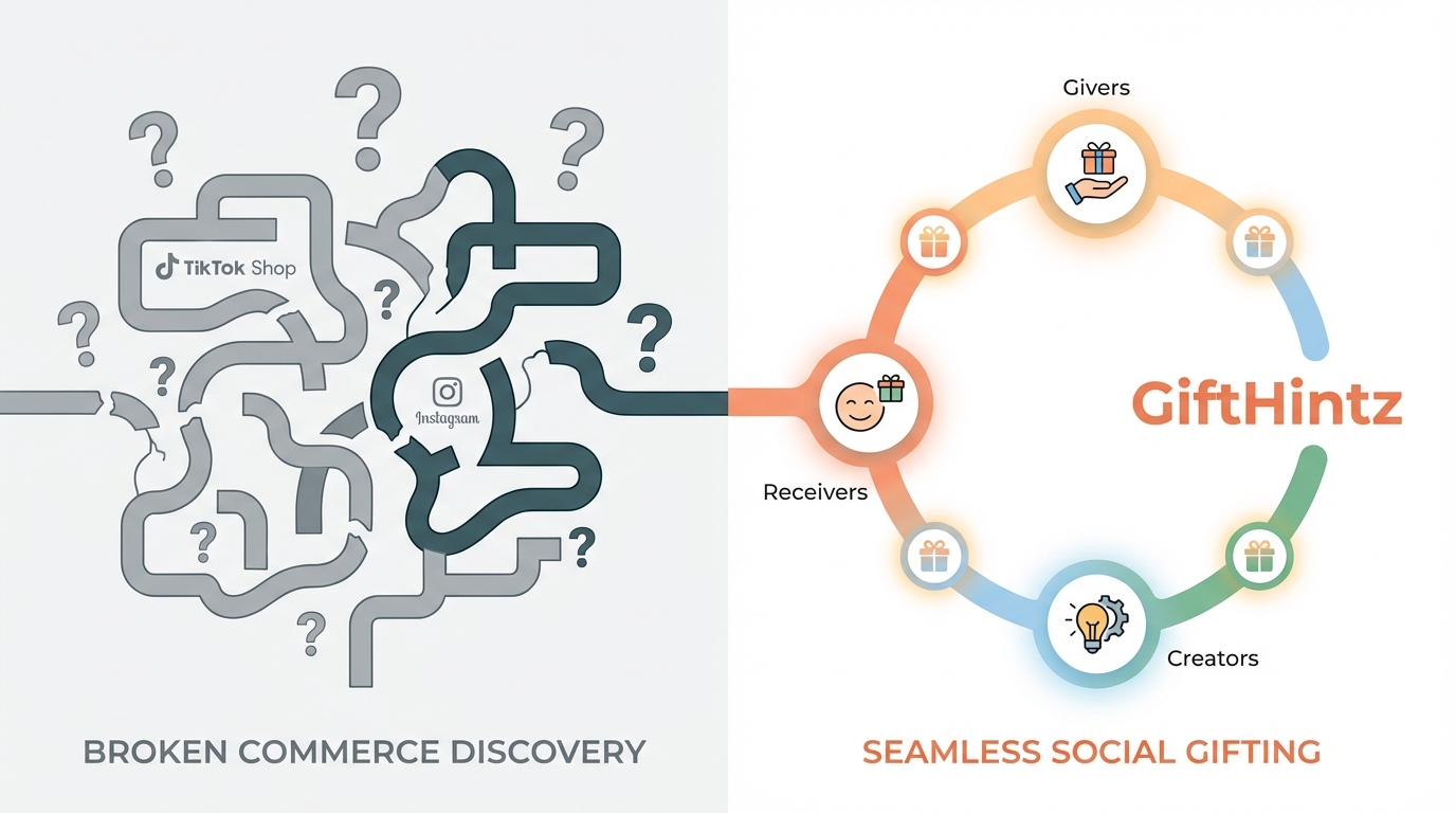 Split-screen concept showing the broken commerce path of TikTok Shop and Instagram versus GiftHintz complete commerce loop