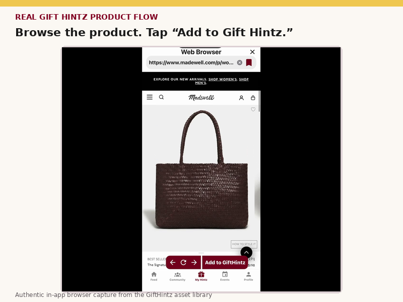 GiftHintz in-app browser showing a retailer product page and the Add to Gift Hintz action