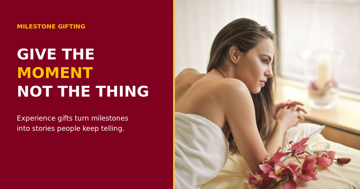 A woman relaxes during a serene spa experience beside the message Give the Moment, Not the Thing