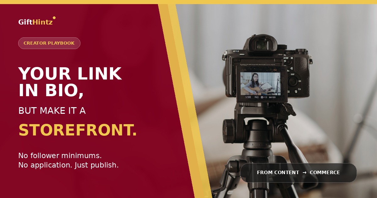 A creator records content with a professional camera beside the headline Your link in bio, but make it a storefront