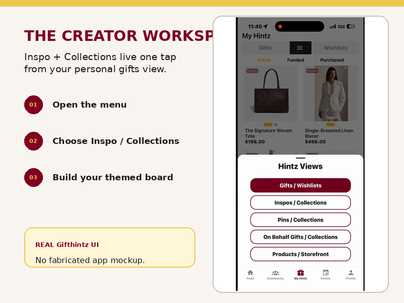 Authentic GiftHintz Hintz Views menu showing Inspo and Collections as a creator workspace option