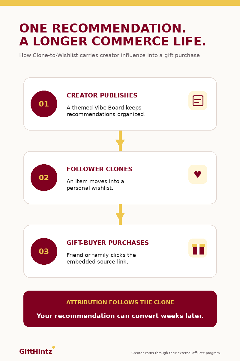 Three-step Clone-to-Wishlist flow in which a creator publishes a Vibe Board, a follower clones an item to a personal wishlist, and a friend or family member purchases through the embedded source link