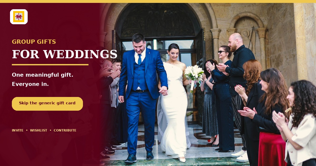 A newlywed couple walks through cheering wedding guests beside the words Group Gifts for Weddings