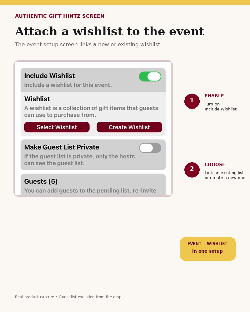 Authentic GiftHintz event setup screen showing the Include Wishlist toggle and controls for selecting or creating an event wishlist