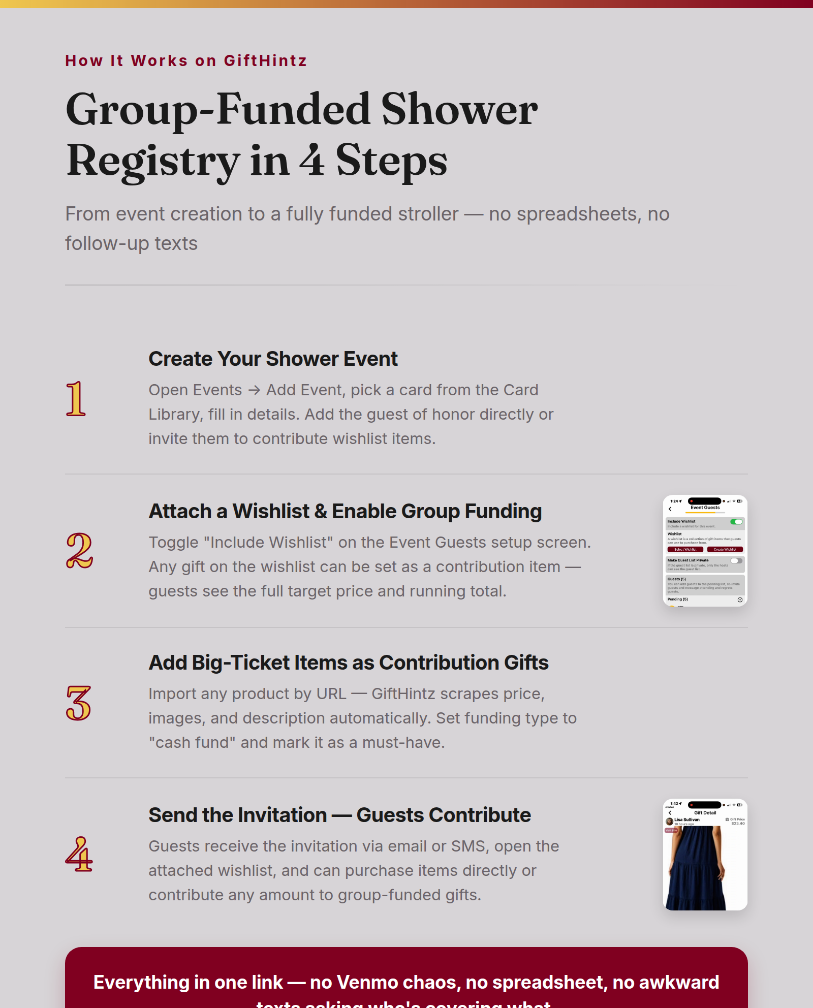 Four-step GiftHintz workflow for group-funded shower registry: create event, attach wishlist with Group Funding, add big-ticket contribution gifts, send invitation for guests to contribute