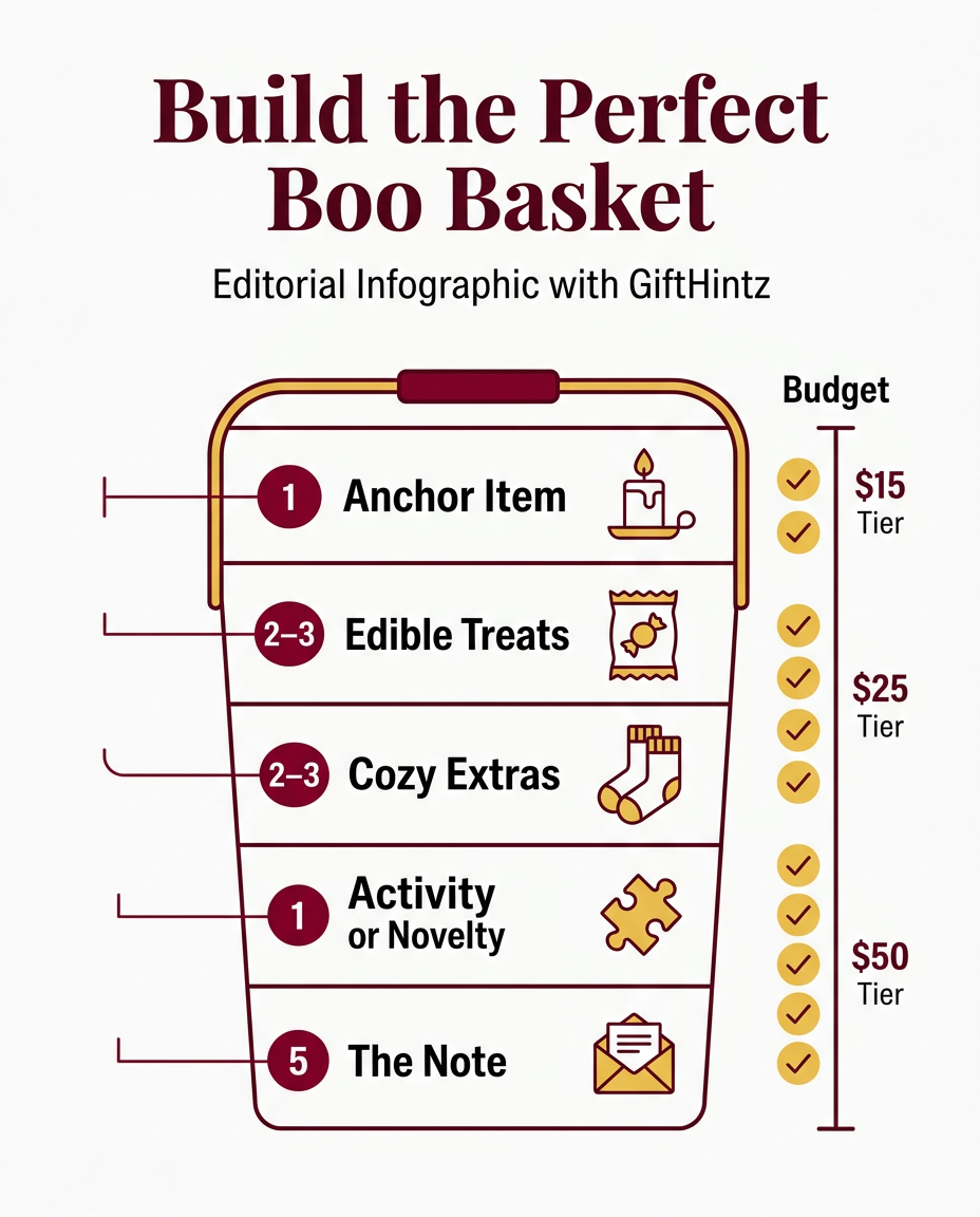 Boo basket formula infographic: 5-layer diagram showing Anchor Item, Edible Treats, Cozy Extras, Activity or Novelty, and The Note — with budget tier checkmarks for $15, $25, and $50 tiers