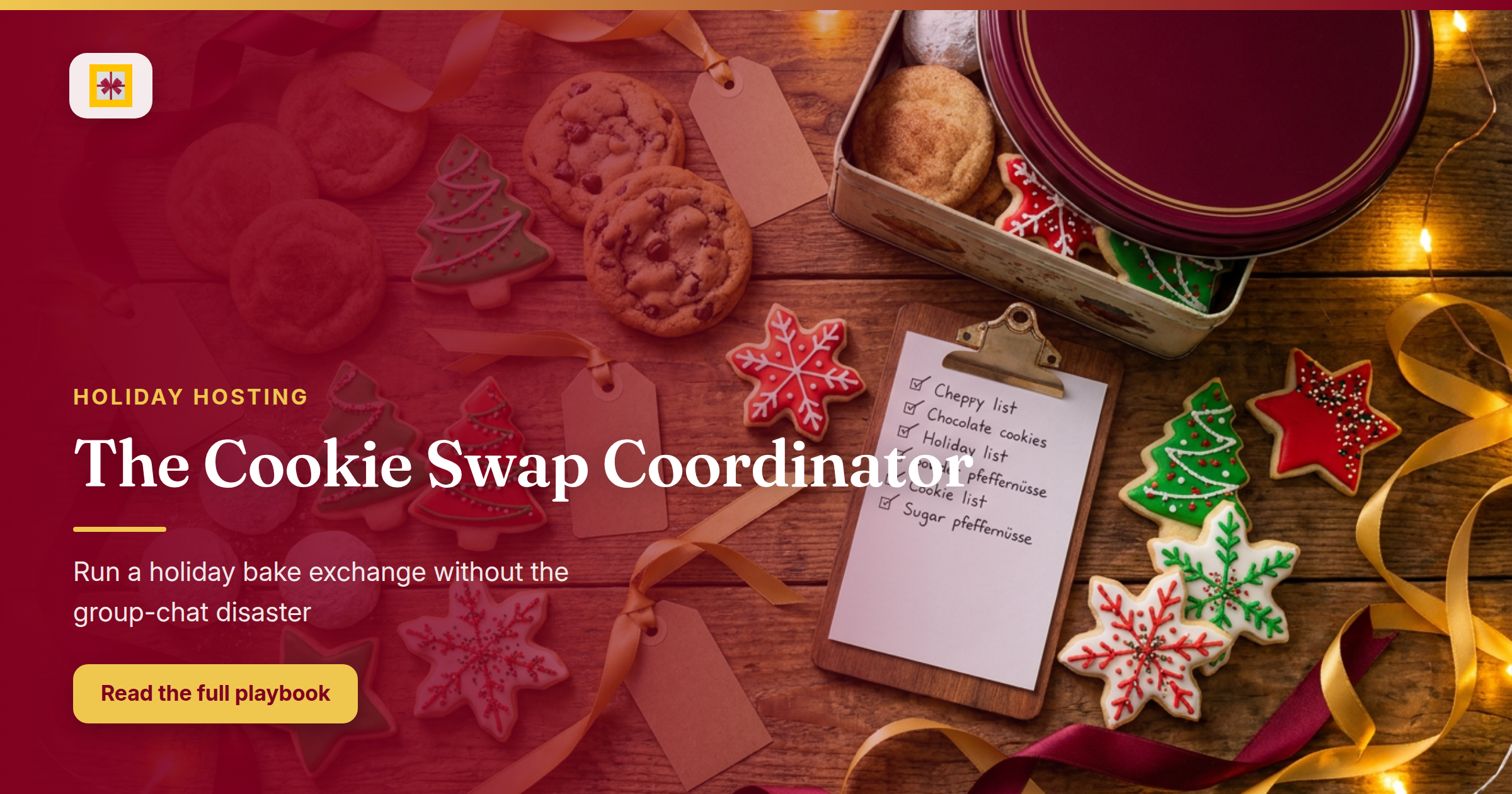 Overhead flat-lay of decorated holiday cookies — snickerdoodles, chocolate chip, pfeffernüsse, sugar cookies — with a burgundy tin, clipboard assignment list, and gold ribbon accents on a warm wooden table