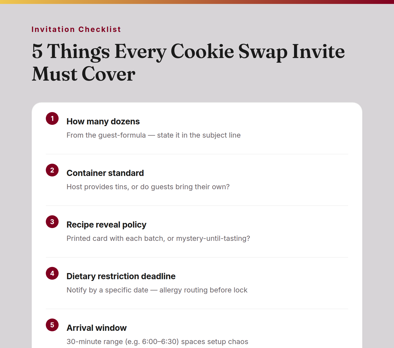 Checklist: 5 things every cookie swap invitation must cover — dozens formula, container standard, recipe reveal policy, dietary restriction deadline, arrival window