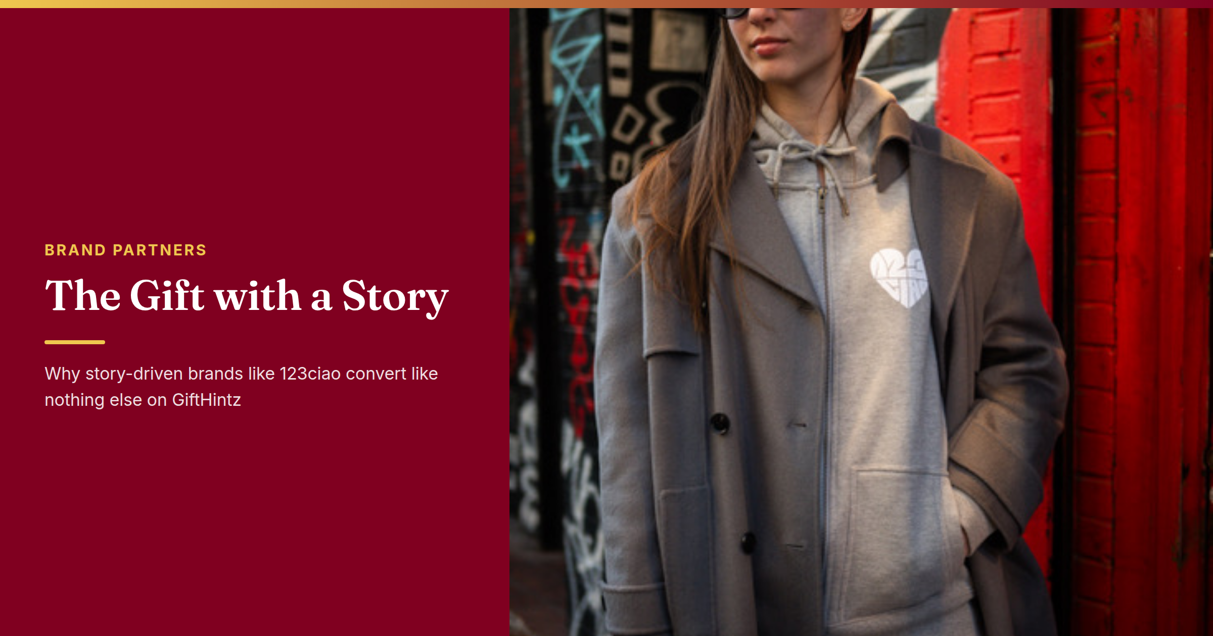 Person wearing a 123ciao hoodie — editorial portrait, warm mood, representing the story-driven brand built from a long-distance goodbye ritual