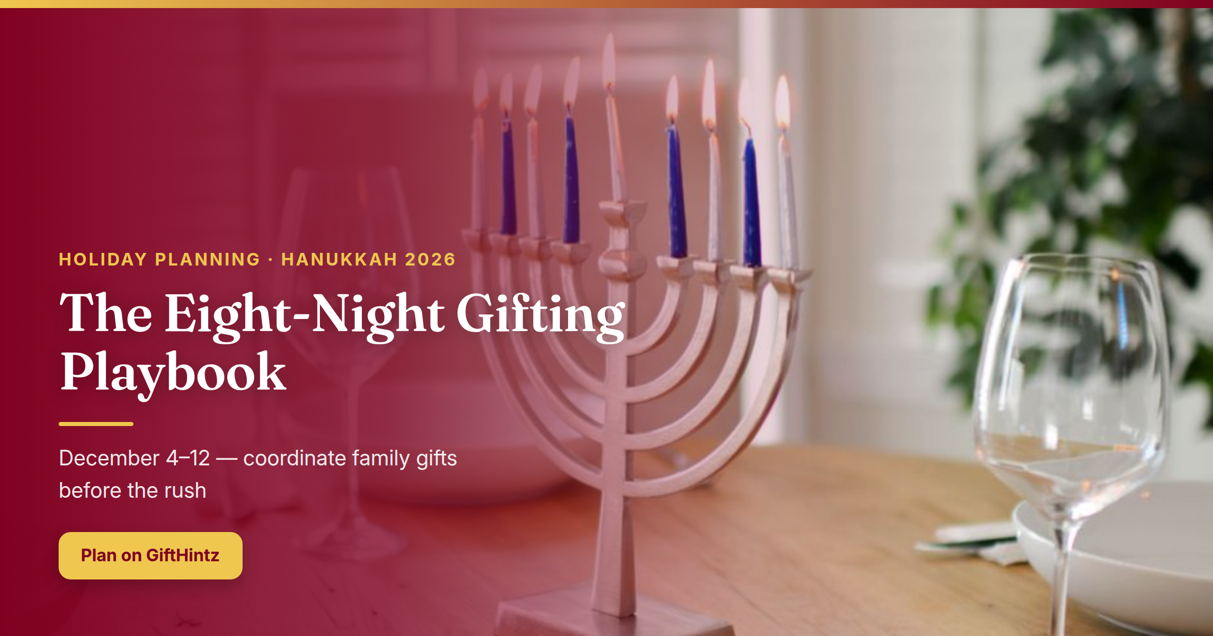 A beautifully set Hanukkah table with a lit menorah, elegant tableware, and warm candlelight — the perfect scene for coordinated eight-night gifting