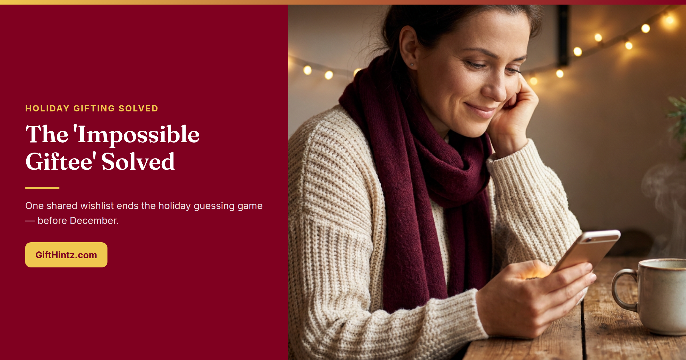 A woman in cozy knitwear looks thoughtfully at her phone with warm holiday lights in the background — calm and confident, not stressed
