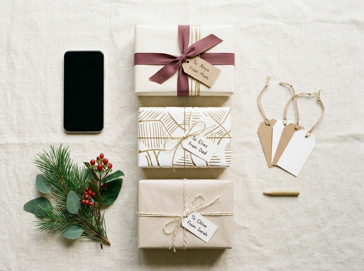 Flat-lay of three curated holiday gifts with burgundy ribbon, gold twine, and handwritten tags on a cream linen surface — an organized shortlist made visual