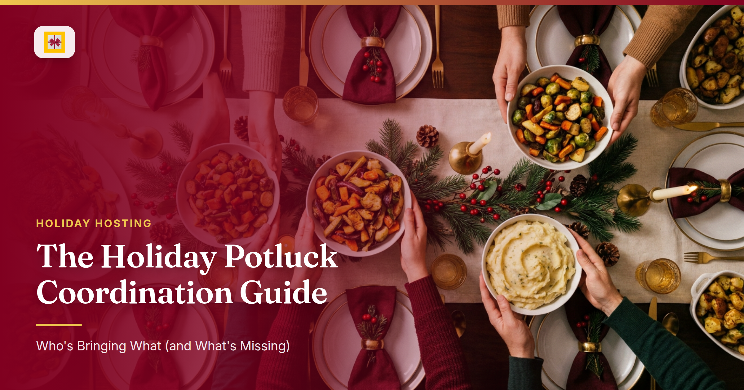 Overhead flat-lay of a holiday dinner table with serving dishes, burgundy napkins, and gold candle holders being set for a festive potluck gathering