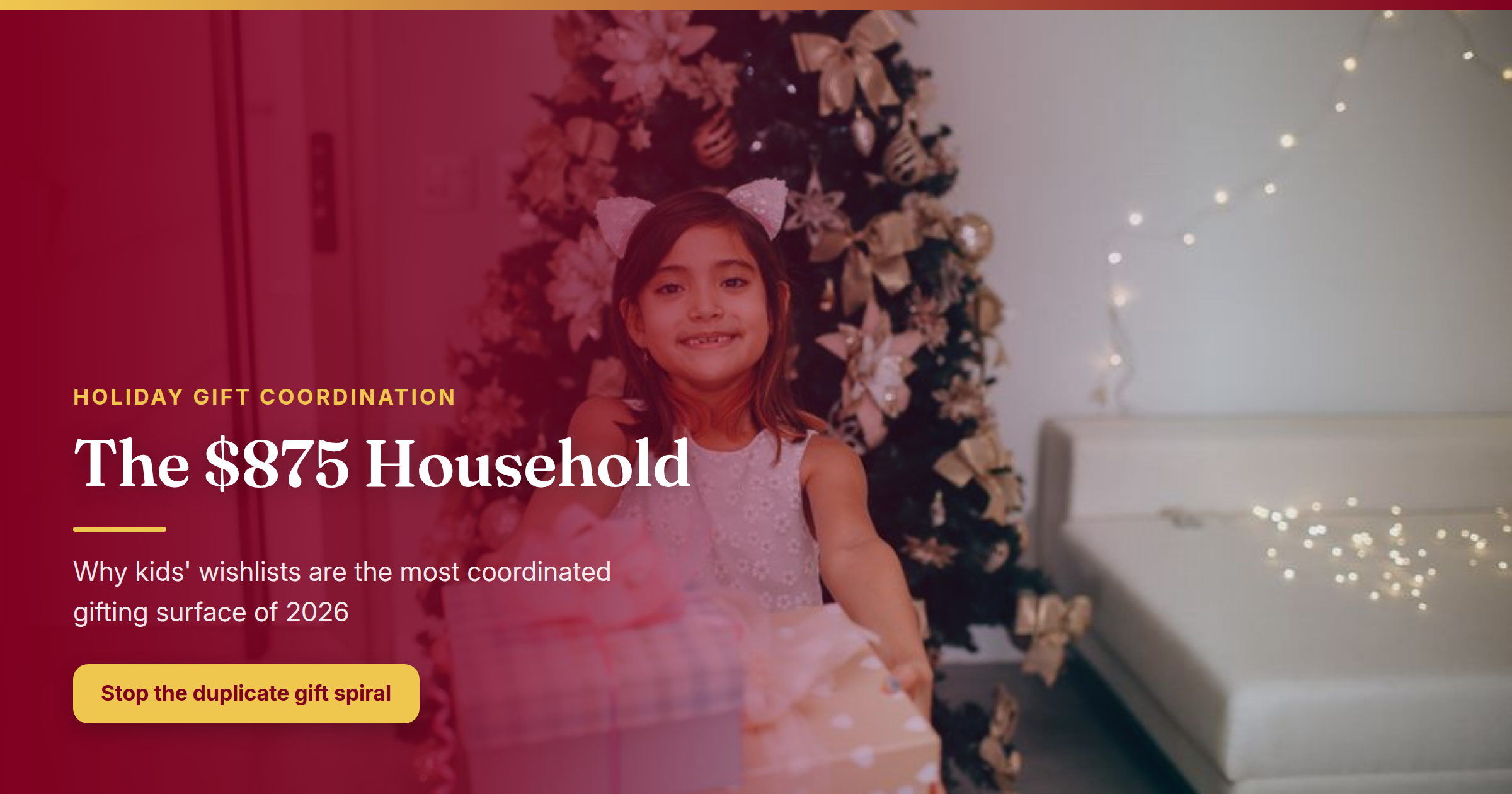 Delighted girl in festive attire offering wrapped Christmas gifts in a decorated living room — holiday coordination made joyful