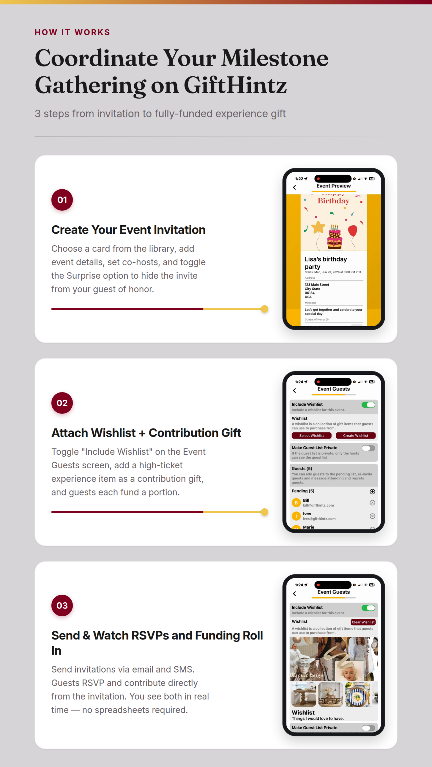 Step-by-step infographic showing 3 steps to coordinate a milestone gathering on GiftHintz: 1) Create Event Invitation, 2) Attach Wishlist and Contribution Gift, 3) Send and Watch RSVPs and Funding Roll In