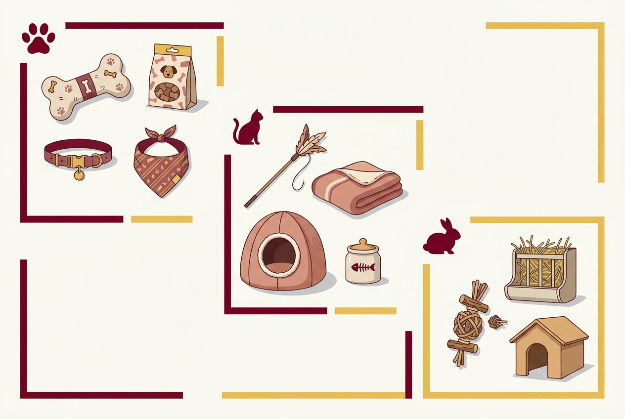 Flat-lay editorial illustration of curated pet gifts organized by category: dog gifts, cat gifts, and small animal gifts with brand accent borders