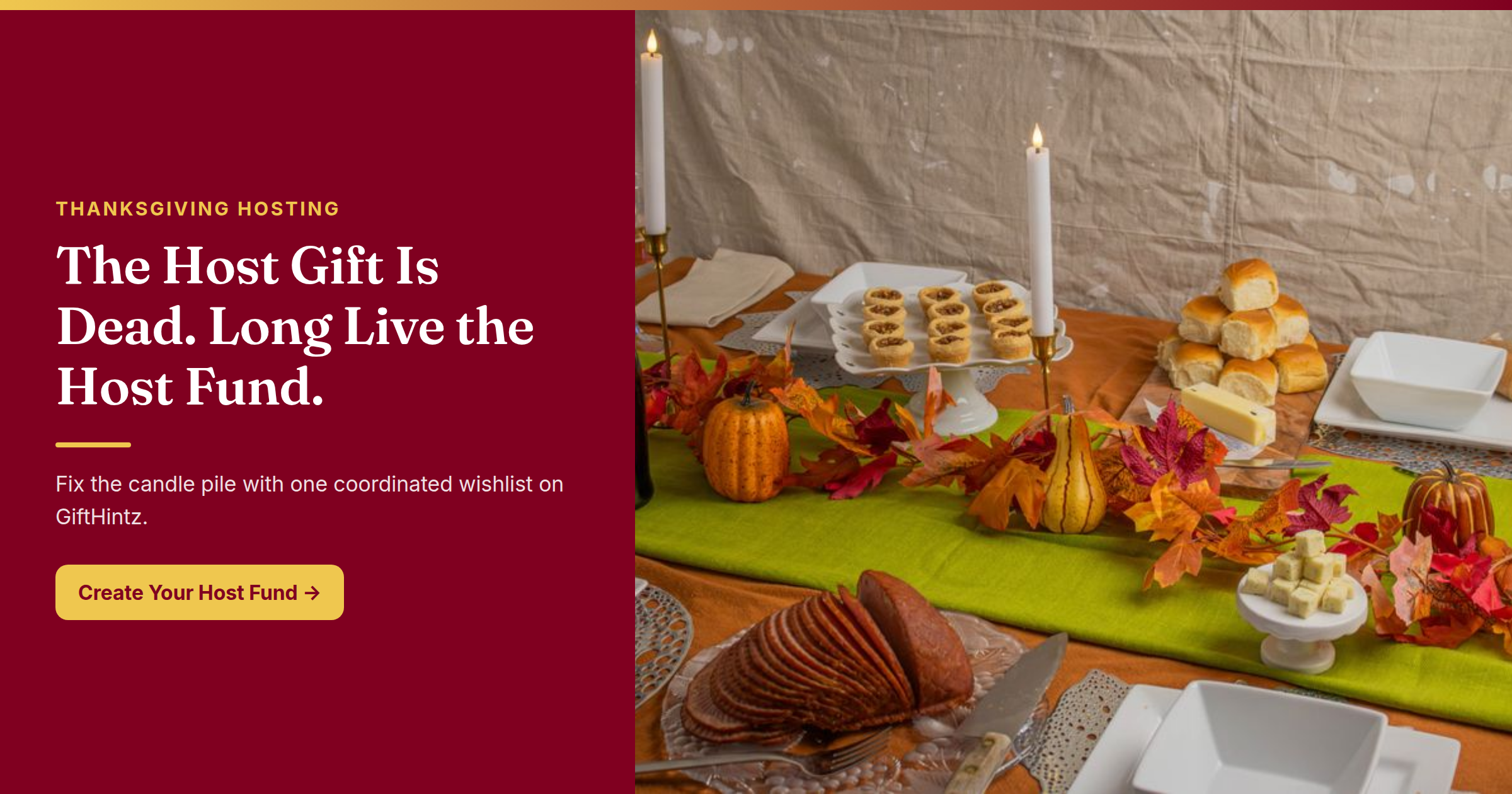 Elegant Thanksgiving table setting viewed from above with candles, autumn leaves, place settings, and seasonal decorations — the perfect setting for a coordinated host gift.
