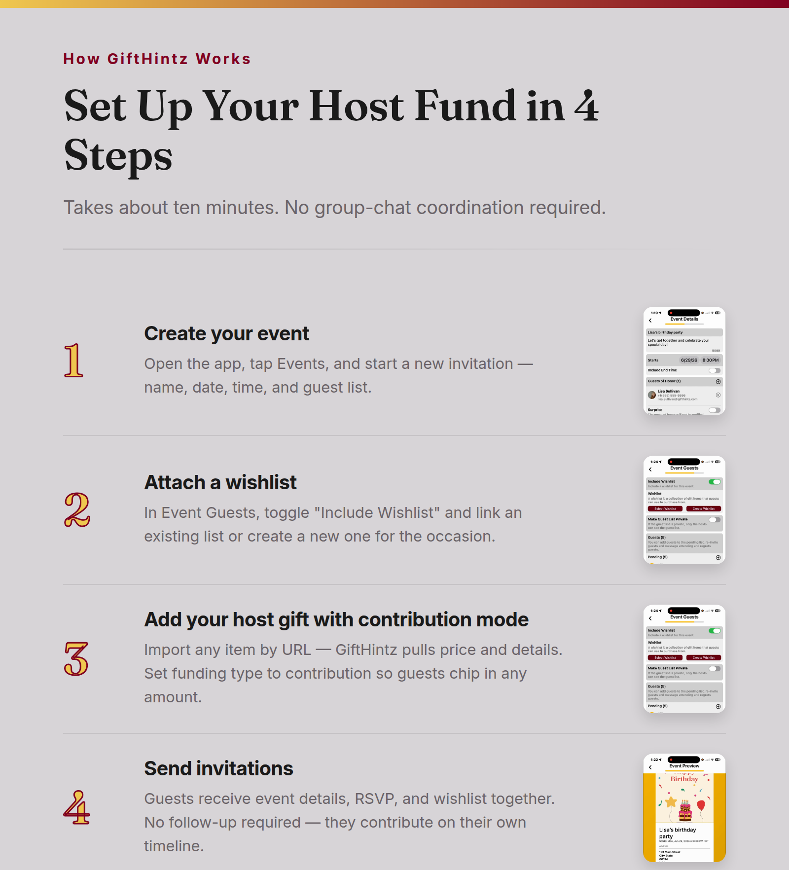 Step-flow graphic showing the 4-step GiftHintz host fund setup: 1) Create your event, 2) Attach a wishlist, 3) Add host gift with contribution mode, 4) Send invitations — each step illustrated with real GiftHintz app screenshots.