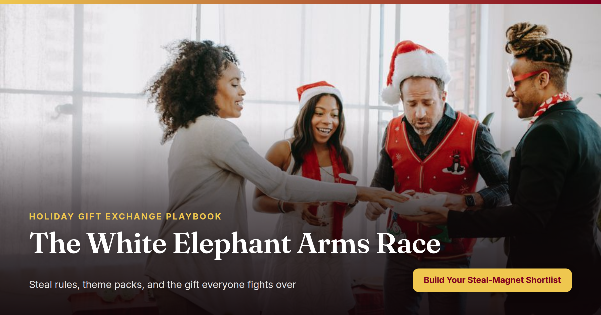 Group of colleagues joyfully exchanging gifts at a holiday office party — capturing the competitive, fun energy of white elephant