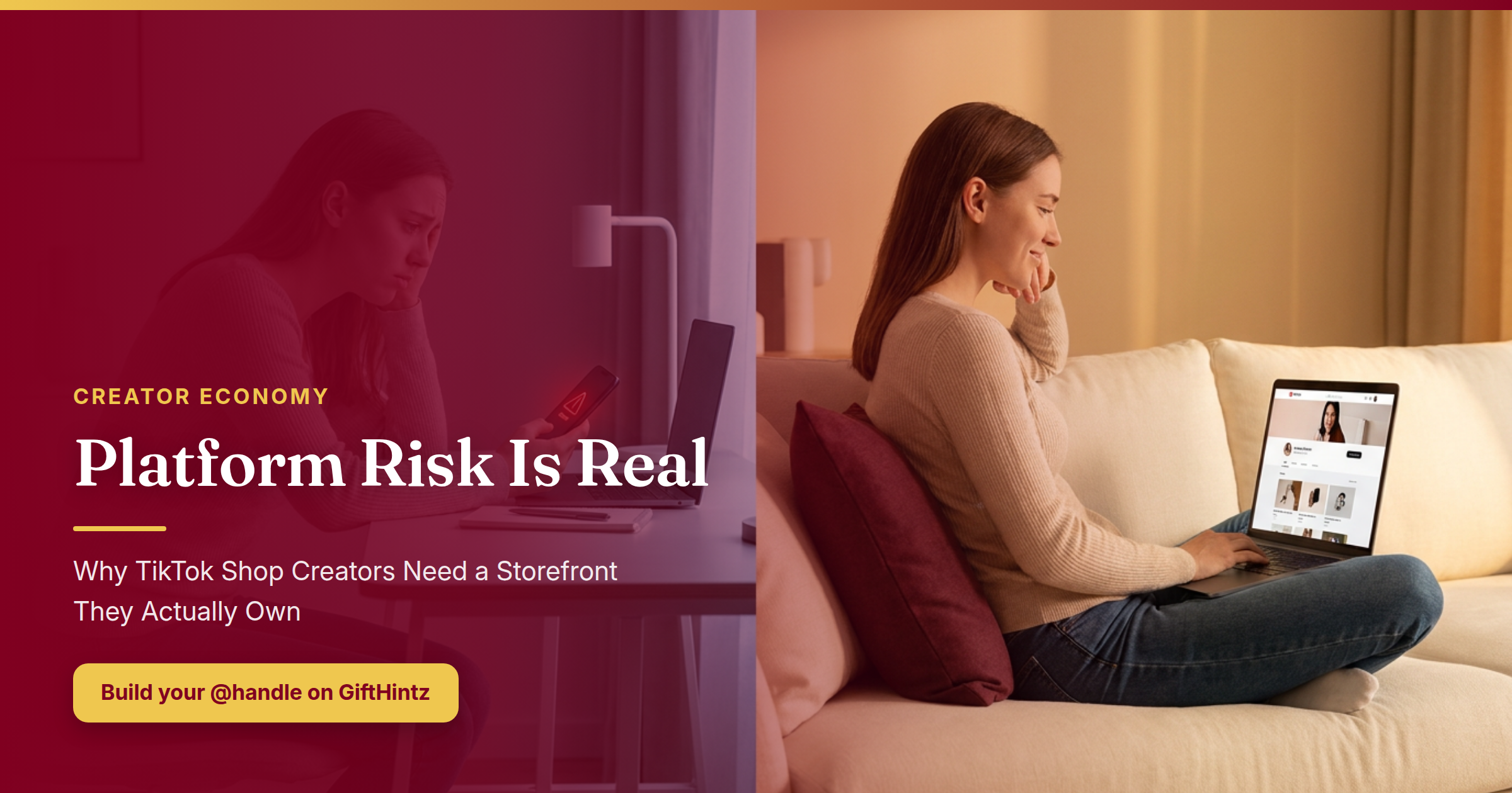 Split scene showing a creator going from platform anxiety to confident ownership of their own storefront