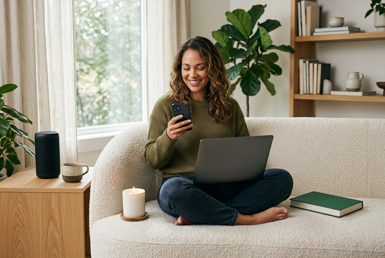 Confident creator sitting with laptop and phone surrounded by curated products, relaxed and in control in a warm modern home