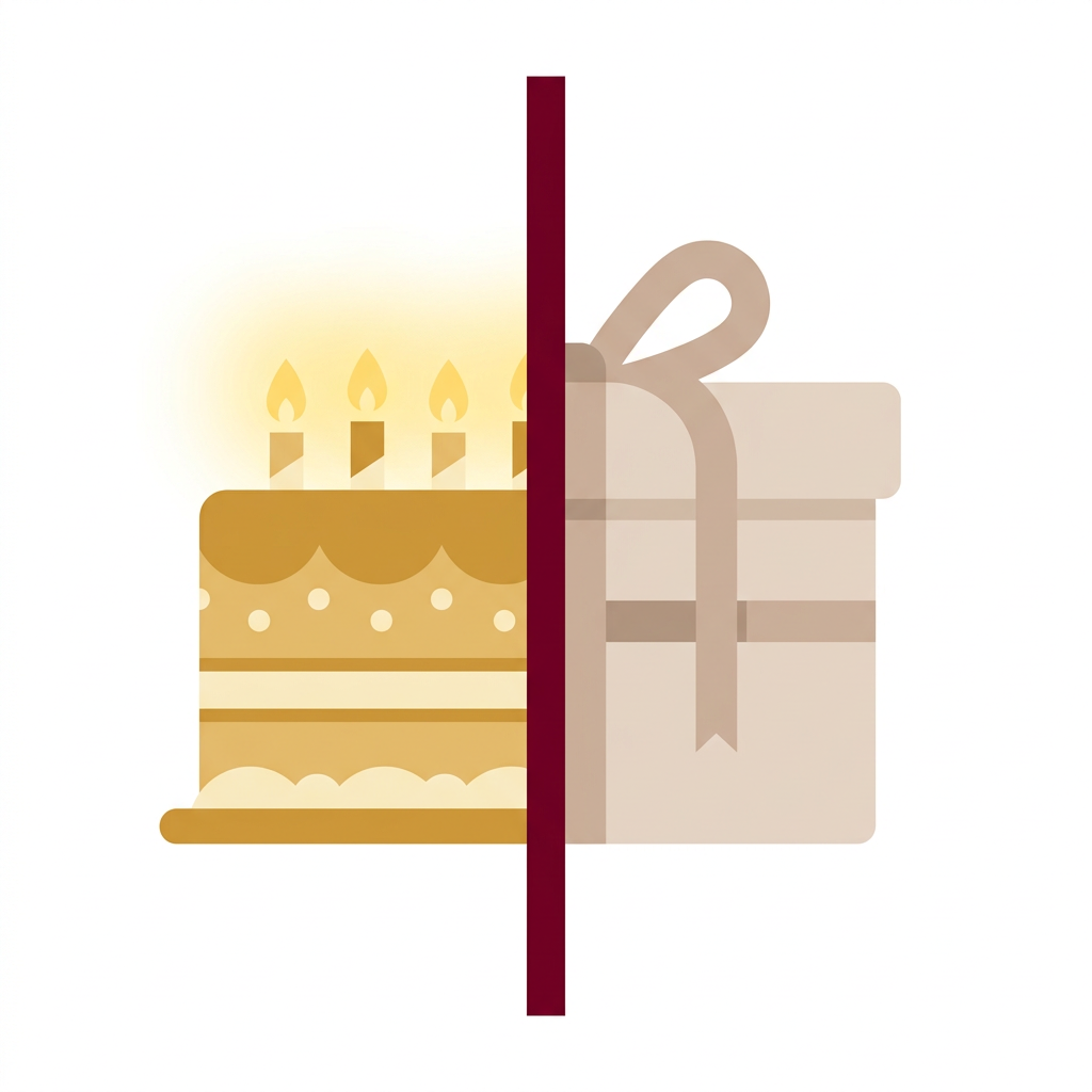 Editorial illustration showing a birthday cake and a Christmas gift box separated by a bold burgundy dividing line