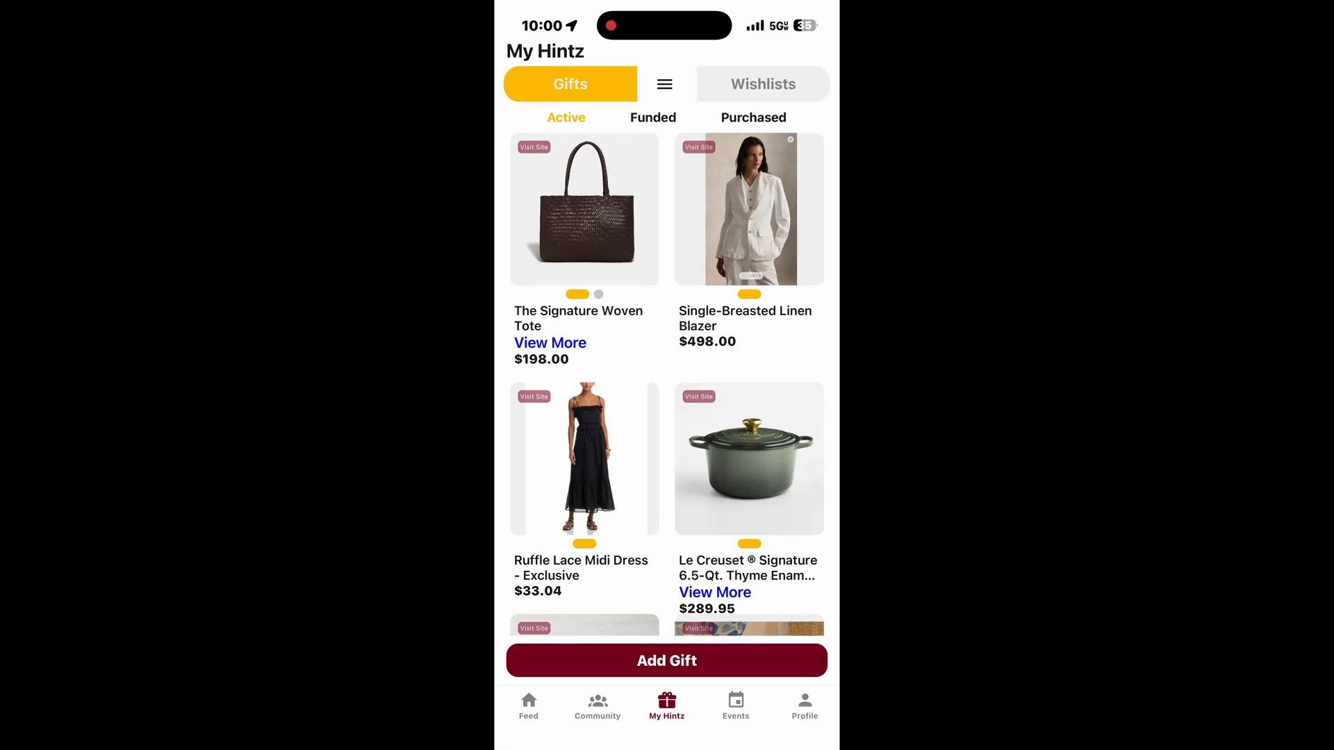 GiftHintz app screen showing how to create a contribution gift — browse any retailer and scrape the product automatically