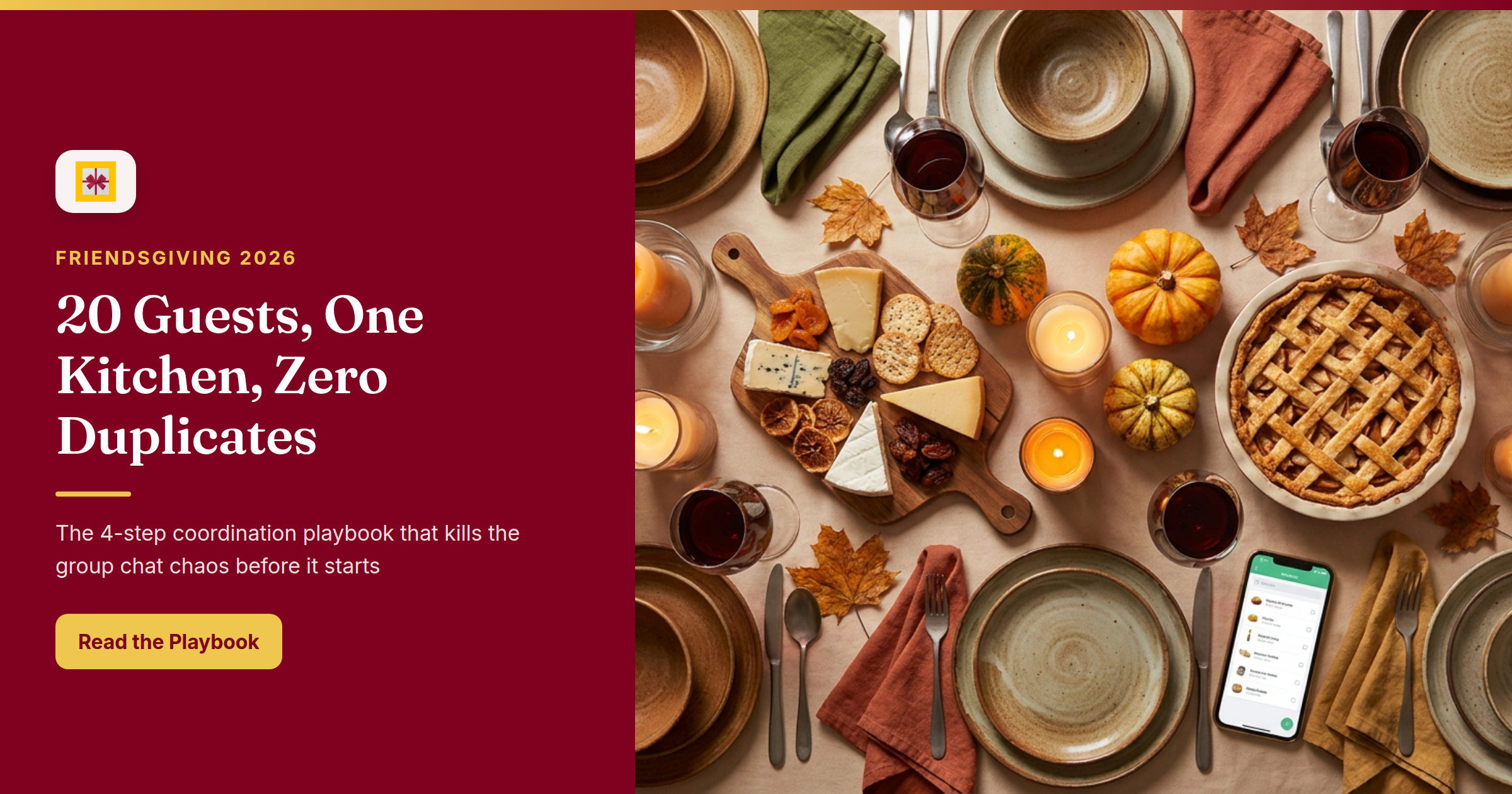Overhead flat-lay of a Friendsgiving table in progress — mismatched dishes, autumn foliage, candles, and a phone with a GiftHintz event wishlist, warm amber tones