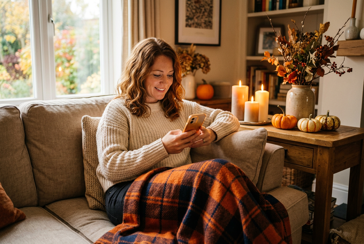 A host relaxing on a couch in a warm autumn living room, phone in hand, composing a digital Friendsgiving event invitation
