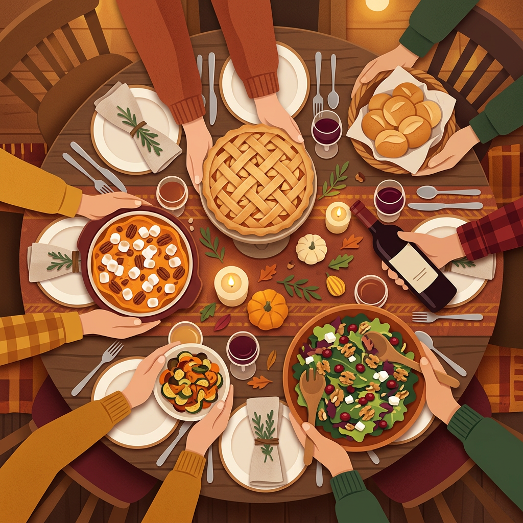 Overhead spot illustration of a Friendsgiving table with hands reaching in from all sides placing dishes — a pie, casserole, salad bowl, wine bottle, and bread basket — in warm burnt orange, gold, and burgundy tones
