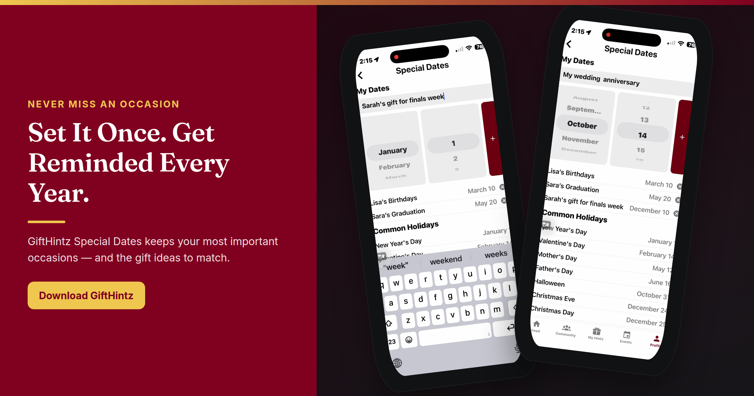 GiftHintz Special Dates setup flow shown in two side-by-side phone screens — one typing a date label, the other showing a saved list of occasions