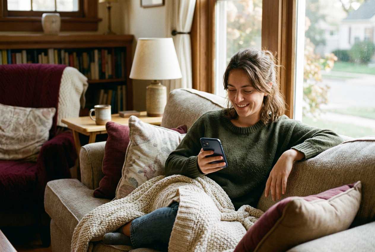 Person relaxing on a couch with a warm smile, looking at their phone after sending a gift hint request