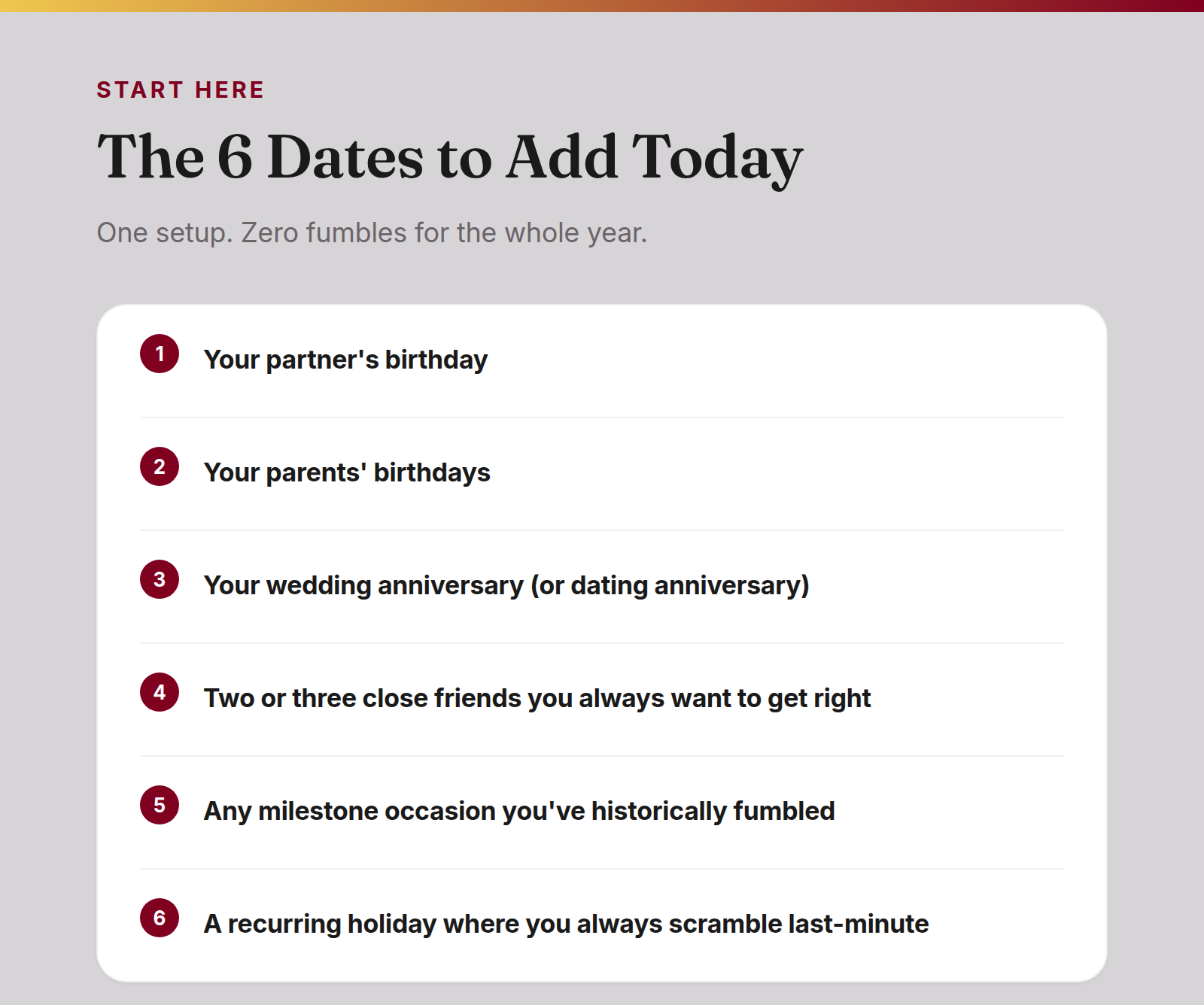 Checklist of the six most important special dates to add to GiftHintz today: partner, parents, anniversary, close friends, milestone occasions, and recurring holidays