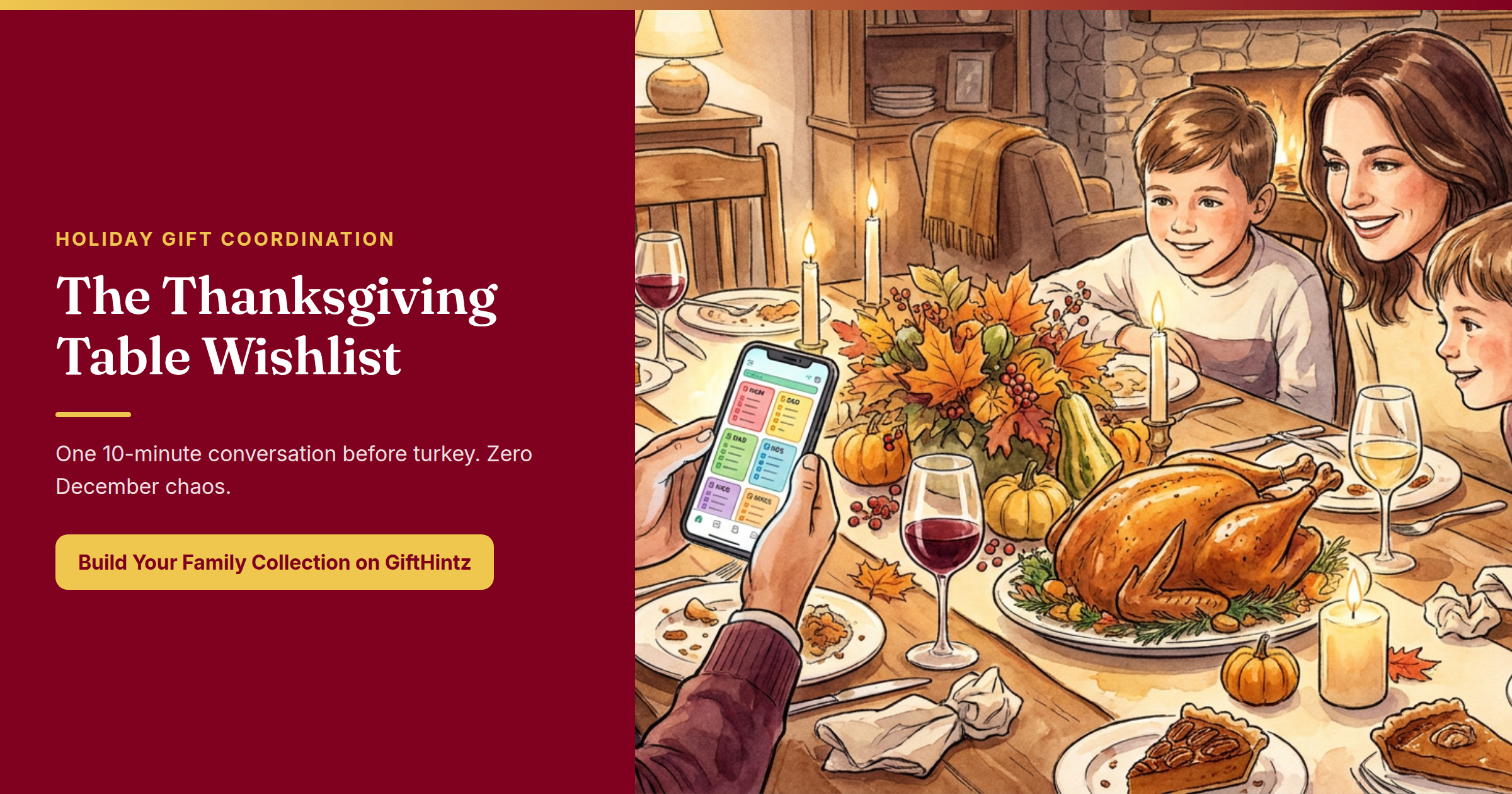 Watercolor illustration of a warm Thanksgiving dinner table with family gathered, one person holding a phone showing a holiday gift collection organized by recipient