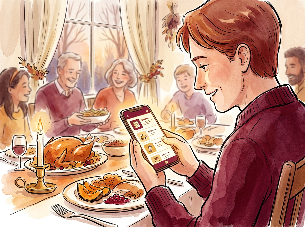 Watercolor illustration of a person at a warm Thanksgiving dinner table organizing a gift collection on their smartphone, family softly visible in the background