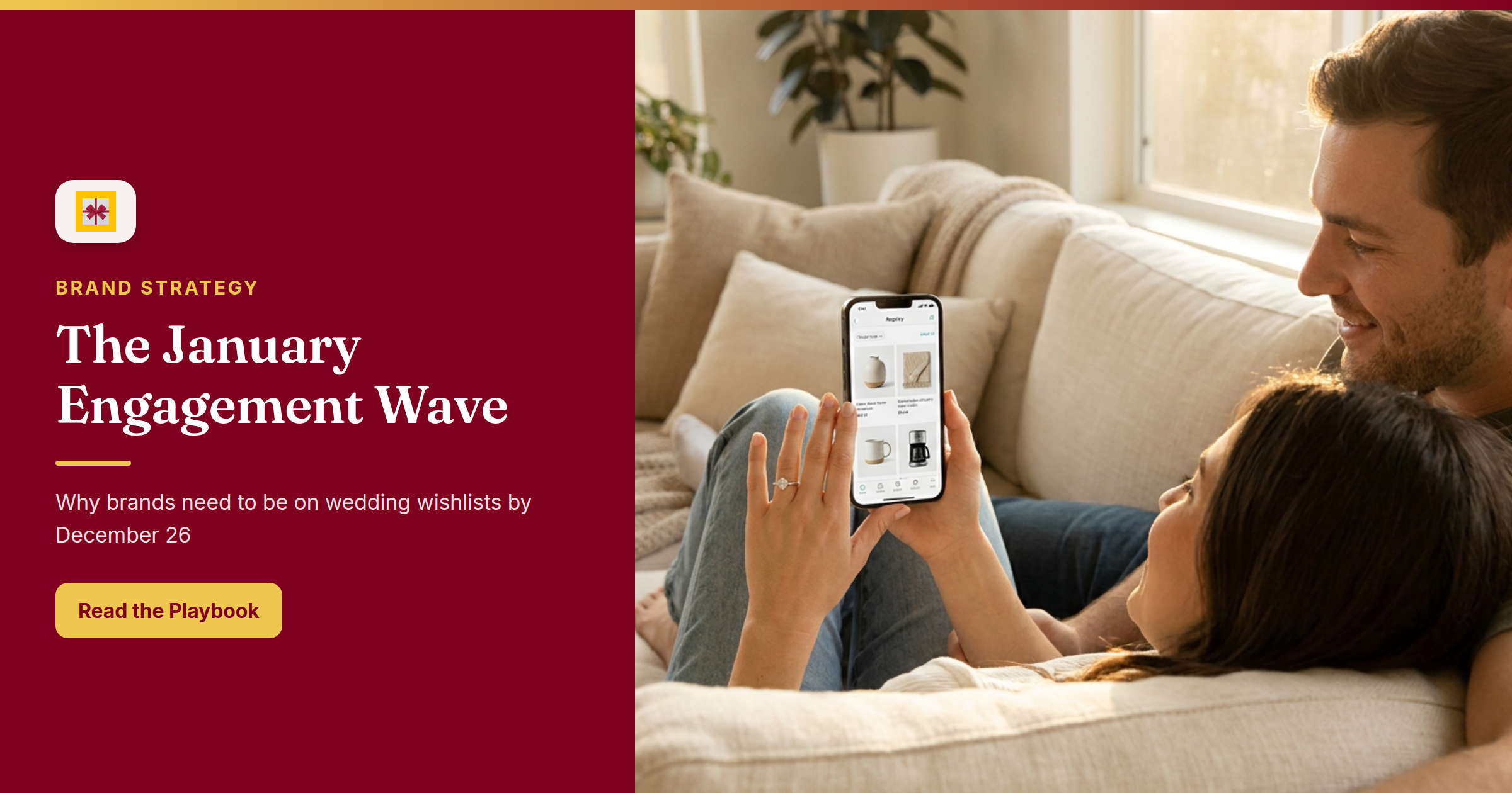 Newly engaged couple sitting together on a couch reviewing a wedding registry wishlist on a smartphone, warm afternoon light, diamond ring visible